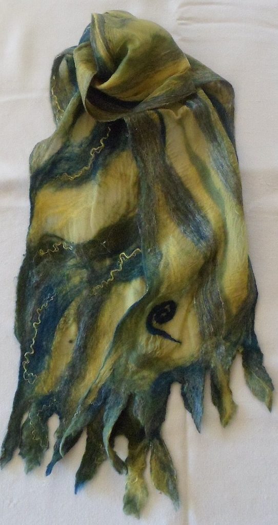 Blue Merino wool on eco dyed lime silk panel. 7" x 72" SOLD