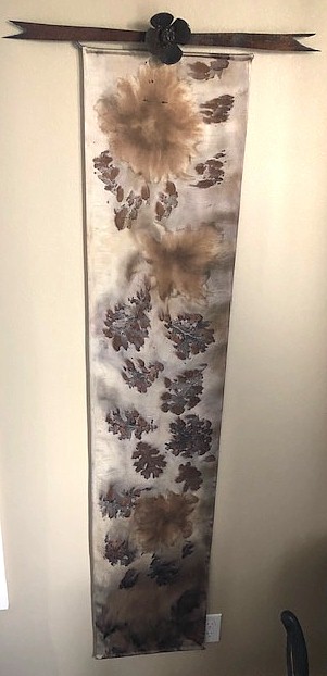 Dalhia and oak leaf print using a metal wash on silk.