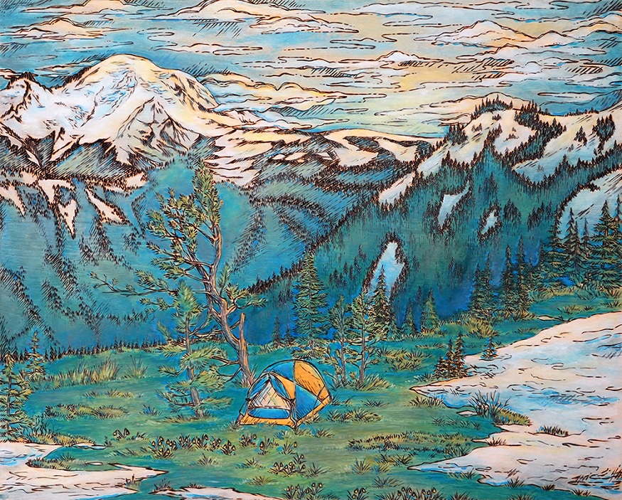 Mt. Rainier and Tent Wood Burning and Acrylic Painting Original - 16”x20” Price: $360