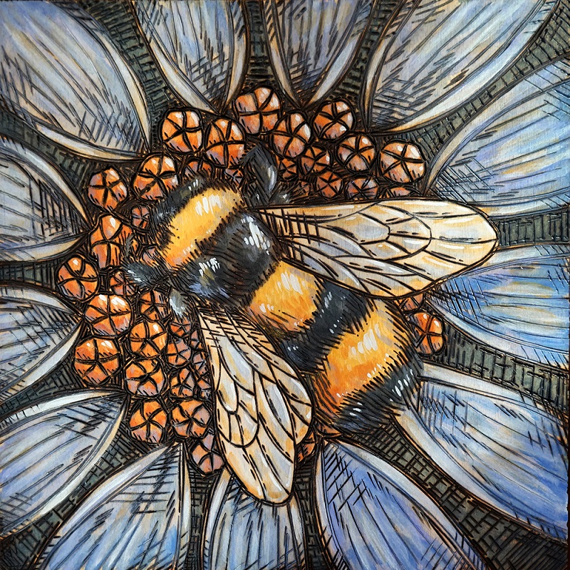Bumblebee on a Flower Wood Burning and Acrylic Painting Original - 10”x10” Price: $150
