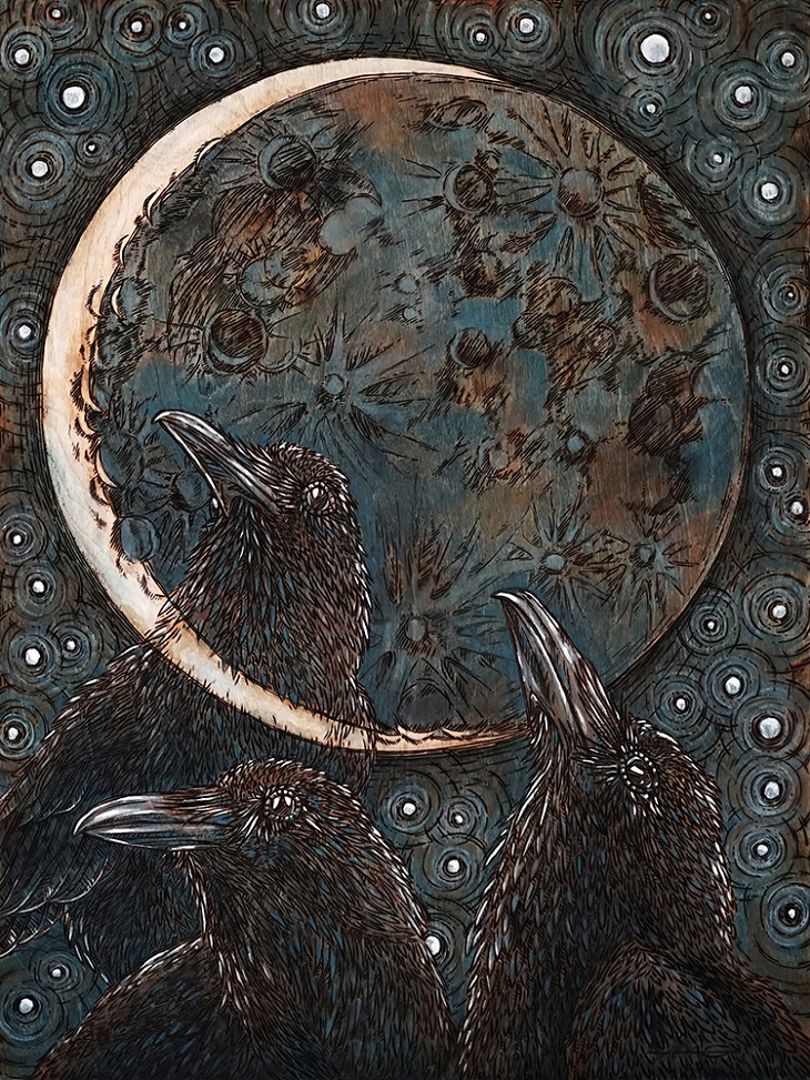 A Conspiracy of Ravens Wood Burning and Acrylic Painting Original – 18” x 24” Price: $500