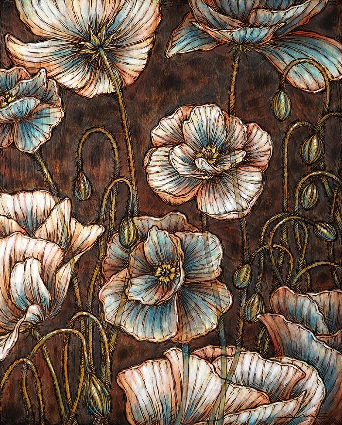 Poppies on Rust Wood Burning and Acrylic Painting Original – 16” x 20” Price: $300