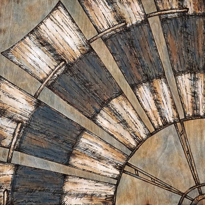 Gresham-51-Windmill Piece Wood burning and Acrylic Painting Original - 18" x 18" Price: $300