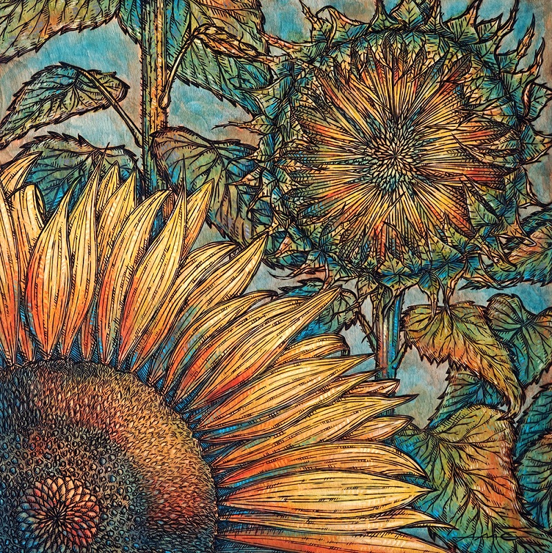 Gresham-53-Sunflowers Wood burning and Acrylic Painting Original - 18" x 18" Price: $500