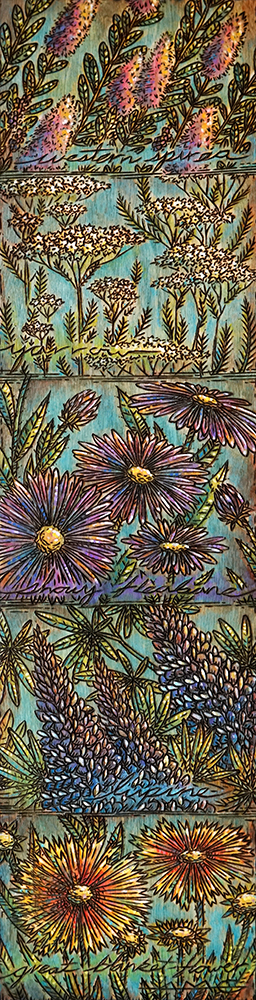 Wildflowers for Pollinators Wood burning and acrylic painting 6" x 24" $250