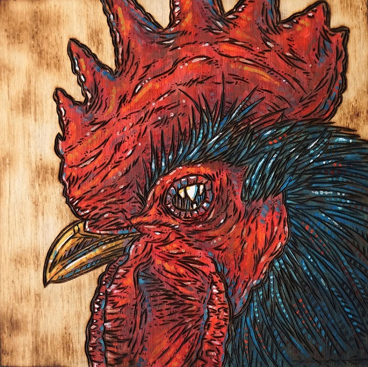 Rooster Wood burning and acrylic painting 8" x 8" $150