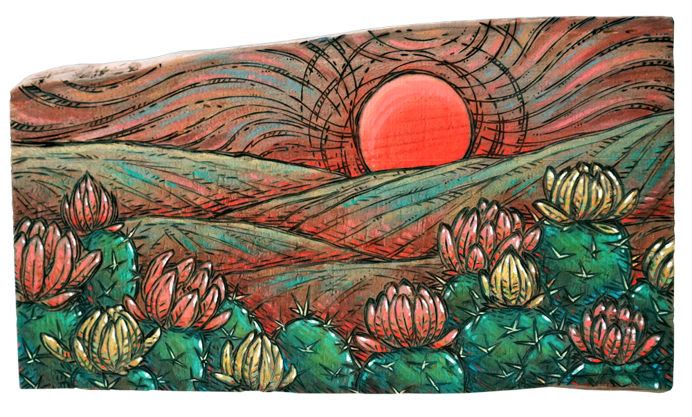 Columbia Prickly Pear Wood burning and acrylic painting 12.5” x 7.25”