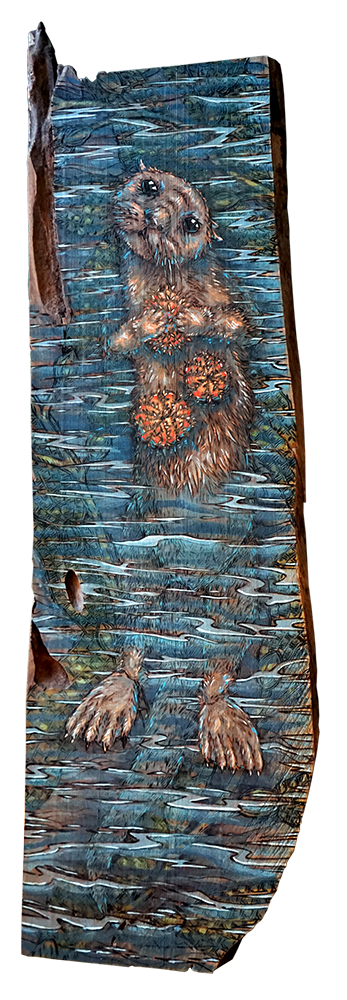 Sea Otter with Urchins Wood burning and acrylic painting Original – 9” x 29.5”  Price: $600
