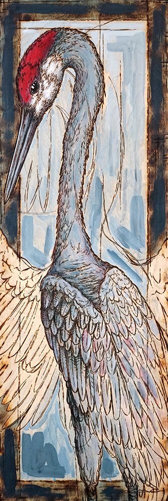 Sandhill Crane Wood burning and acrylic painting Original – 12” x 36”