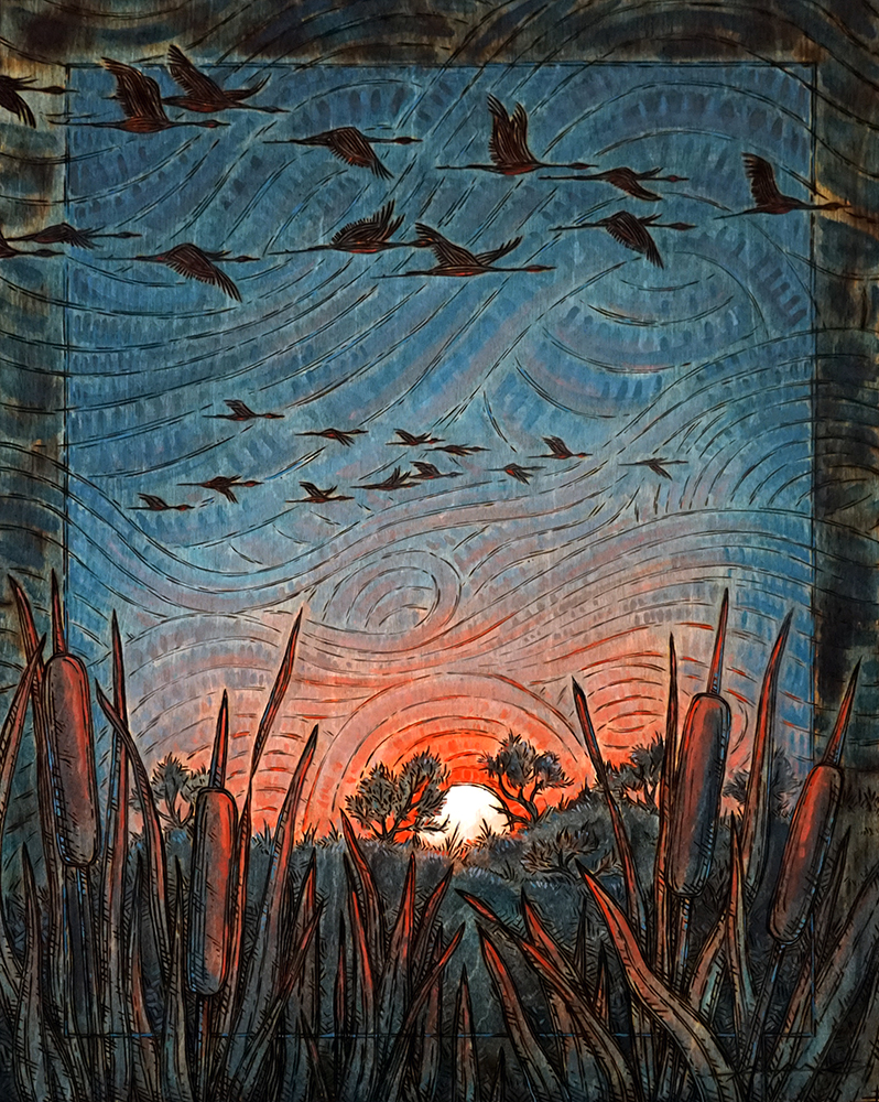 Sandhill Cranes Migrating at Dusk Wood burning and acrylic painting Original – 16” x 20”