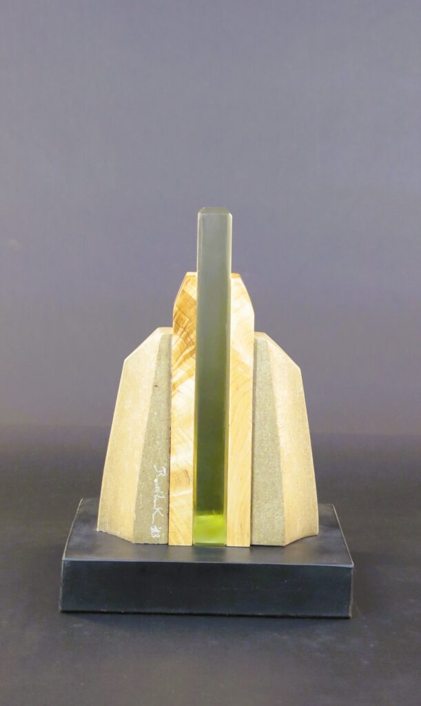 Water Rising, Mixed Limestone and Glass on marble base, 12" x 7" x 5"