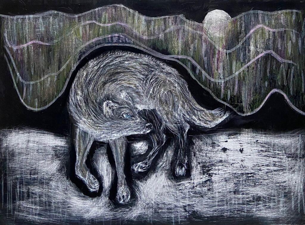 Constellation Canid, clayboard with sumi ink and Prismacolor, 6x8 
