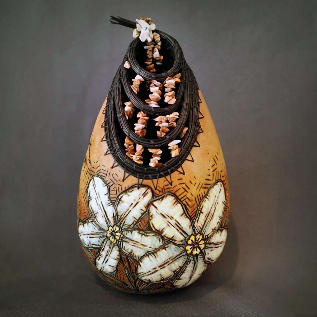 “Clinging to the Canyon: Showy Stickseed, Endangered Plant of WA”
Gourd work and pine needle weaving by Lyn Lewis
Wood burning and acrylic painting by Ana Li Gresham