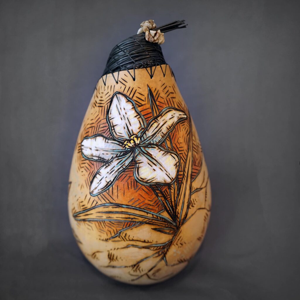 “Clinging to the Canyon: Showy Stickseed, Endangered Plant of WA”
Gourd work and pine needle weaving by Lyn Lewis
Wood burning and acrylic painting by Ana Li Gresham