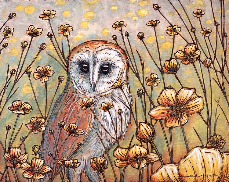 "Barn Owl and Wildflowers" Wood burning and acrylic 16" x 20"