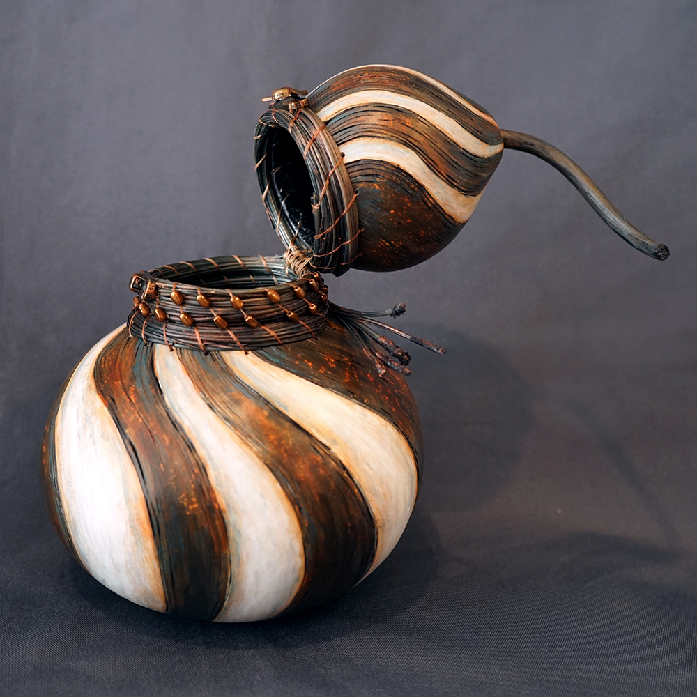 "Swirl Gourd" Pine needle weaving by Lyn Lewis