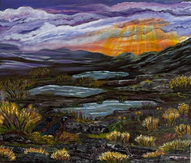 “Sage Land Mountain Sunrise“ $250.00 Original acrylic painting on canvas inspired by ponds in eastern Washington amidst otherwise dry lands, with cute quails. 20” by 24” by 1.5”