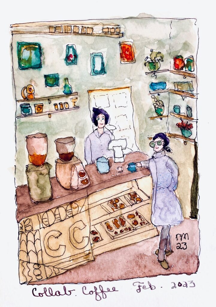 Urban Sketching Yakima! Collaboration Coffee on 1st street. Delicious coffee, wall to wall local art, and friends to share the vibe.