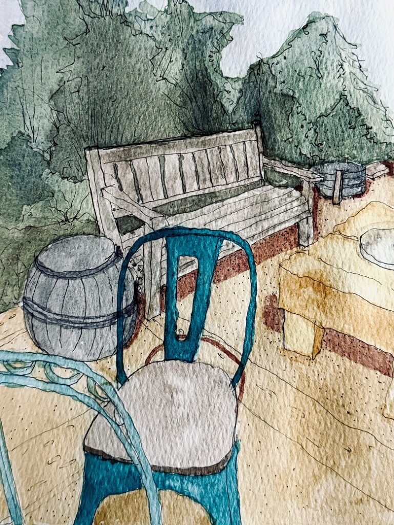 Sketchbook image of a quiet corner in a friend's garden filled with weathered, rusty goodness.