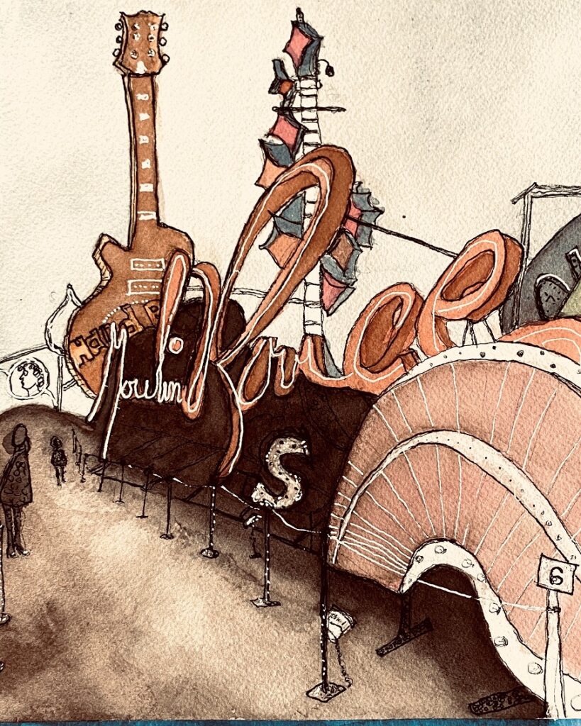 "Moulin Rouge" a watercolor and ink piece inspired by my visit to The Neon Museum in Vegas. Rusty vintage and made in the USA.