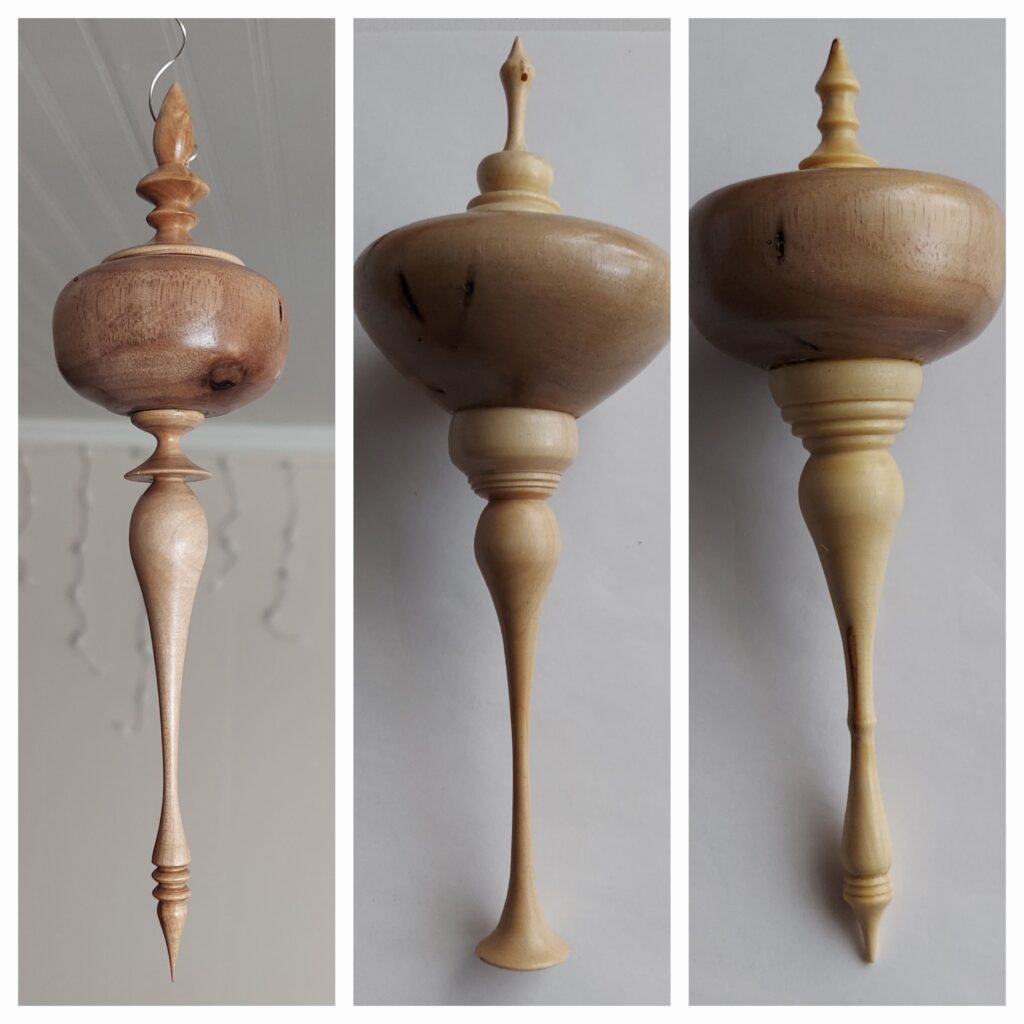 Christmas Ornaments 1: Black walnut hollow form with birch and dogwood finials.