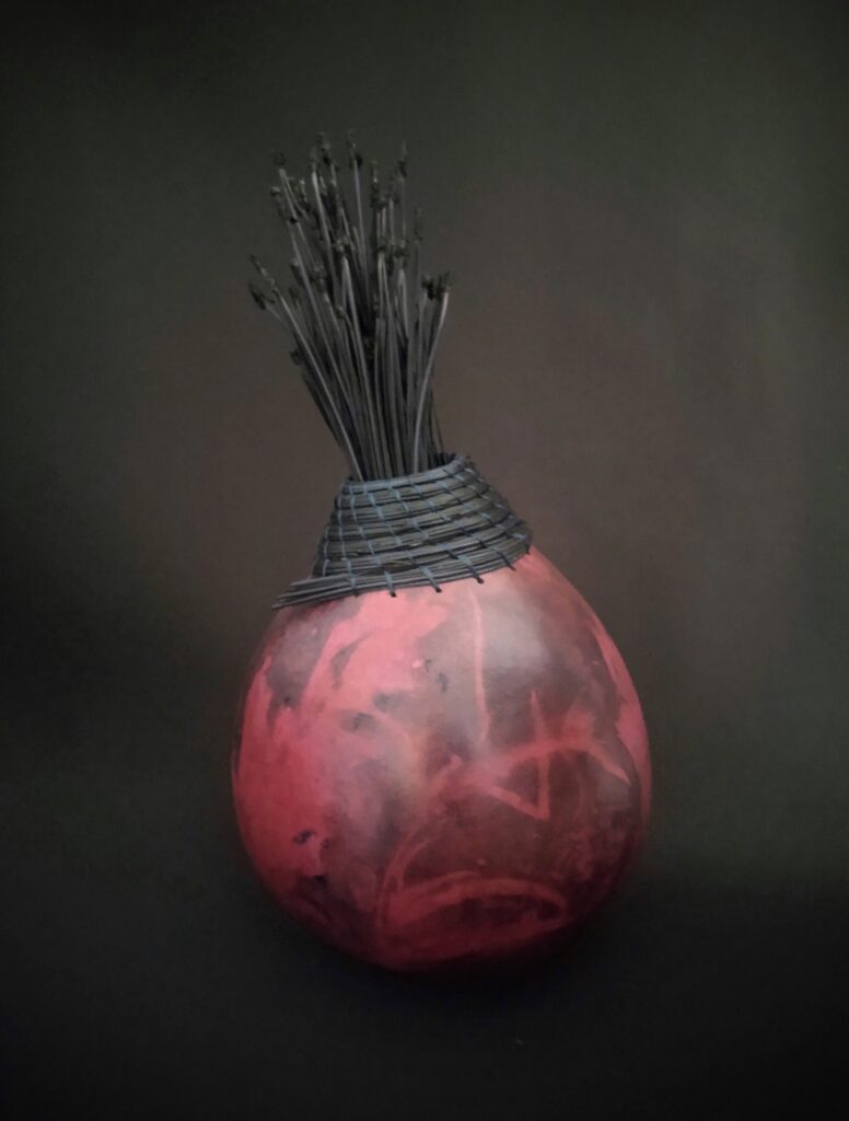 "Pink Cyanotype"- Gourd decorated using a cyanotype process and oil paints.