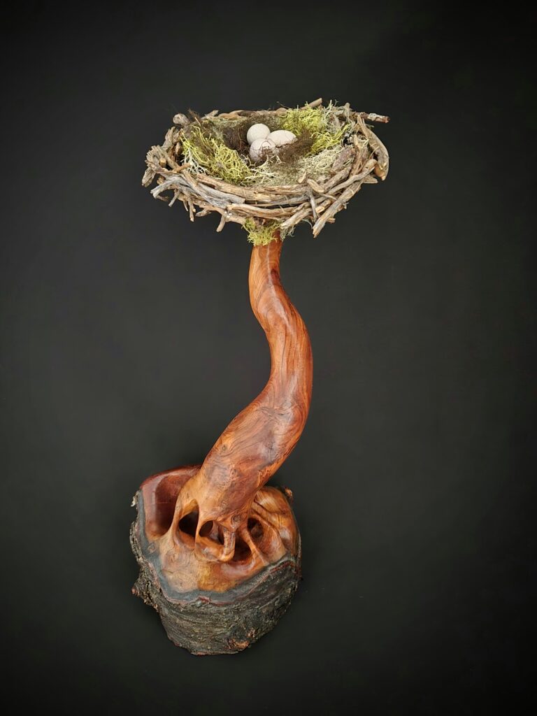 "Precarious" is inspired by Terry Cooper's poem of the same name and was accepted into the "Inspired: The Art of Poetry" show at Larson Gallery. Doug carved the wood and turned the eggs, and Lyn added encaustic finish and made the nest.
