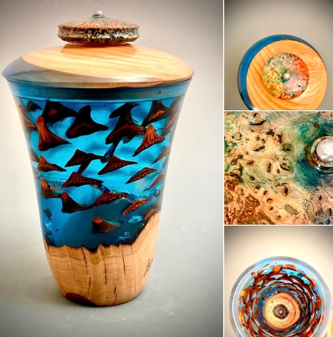 Blue sea of Manta Rays over a Beach of Black Coral
~9”X6”, done in my 2CarbonOxygen Rings potion with a huge Coulter Pine Cone embedded. I put a chunk of maple burl in the base and lid, let it cure under vacuum for a week, chucked it onto the lathe for shaping and hollowing, hid it in the paint booth for spray lac, polished it on the woolly wheels for a satin glow, et voila.
Pour vous, mes m’sieurs et ma’amselles. Merci