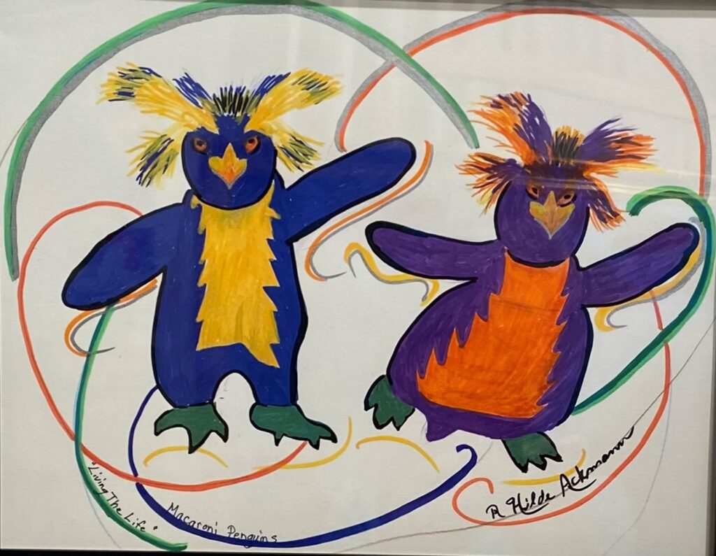 “ Living The Life”
  acrylic painting on cold pressed art paper, 11” by 14” inside black wooden frame. 
featuring stylized macaroni penguins 