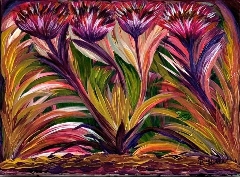 “Tropical Colors“
An original abstract acrylic painting. A fun colorful piece of art with a little frog, in a white wooden floating frame.
15” by 12” by 1.5″