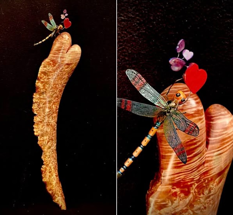 “DragonLady Bringin’ it to Mom”
Presenting her little hearts to a big heart, like a kid giving trinkets to mom on mom’s special day. Dragonflies have a bad rap as predators, meat-eaters. But , see? They have a sweet side.