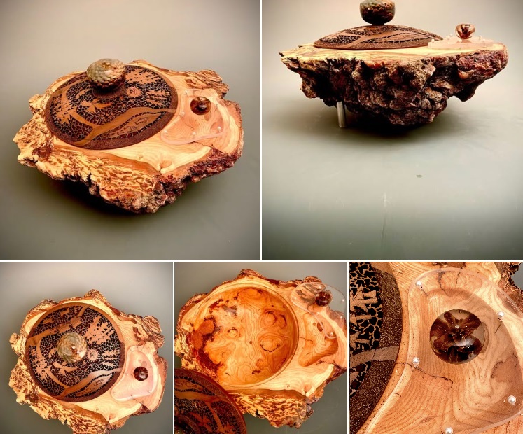 “The Magic Black Forest”
A double lidded, double candy dish from the wilds of our northern Idaho.