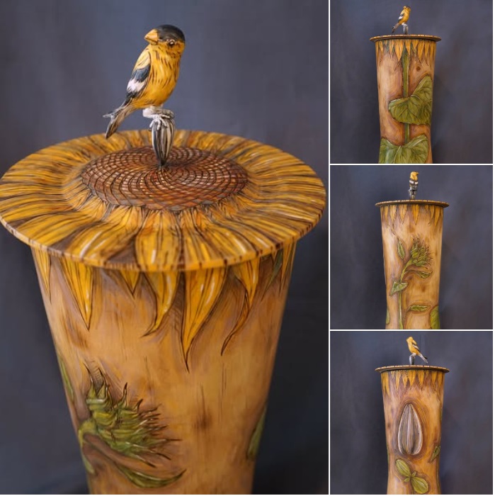 “Sunflower King”
Wood turning and carving by Doug Lewis
Wood burning and mixed media by Ana Gresham