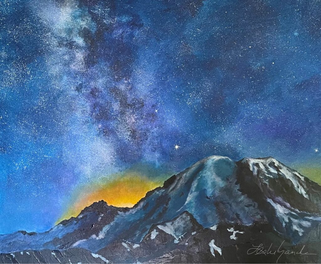 Milky Way Over Rainier, Oil on Board, 20×24"
~ Sold ~