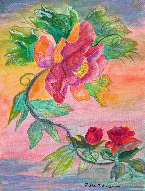 “Art Full Peonies “ Painted on thick stiff watercolor art paper, with watercolors and watercolor pencils, with touches of shimmery pearl highlights, inside black frame with glass, ready to hang with wire. 12” by 16”
