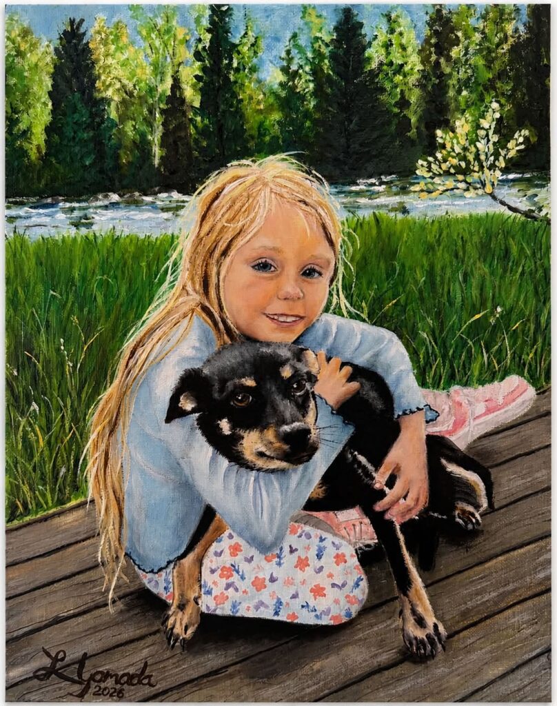 11x14 oil on canvas board
Commission of a pet rescuers’ daughter and her newly rescued pup.